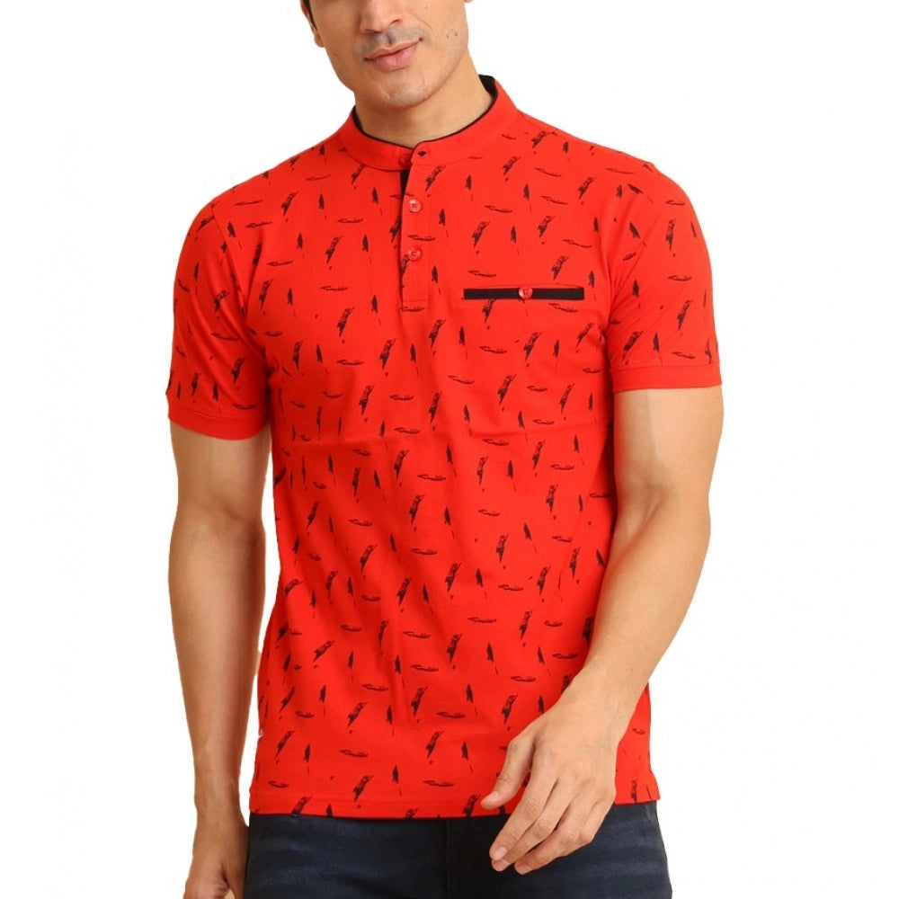 Men's Casual Cotton Printed Mandarin Collar Half Sleeve T Shirt