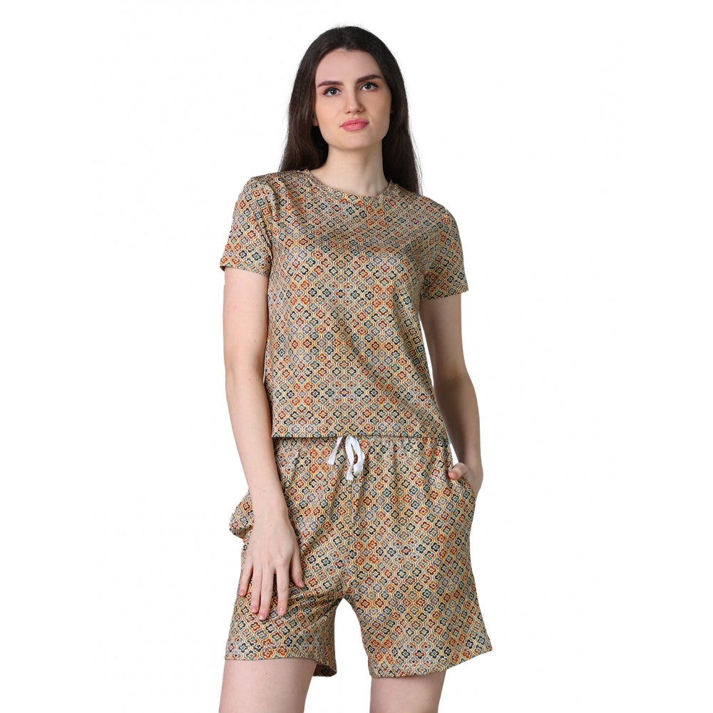 Trendy Cotton Blended Printed Round Neck Half Sleeve Top Shorts Set