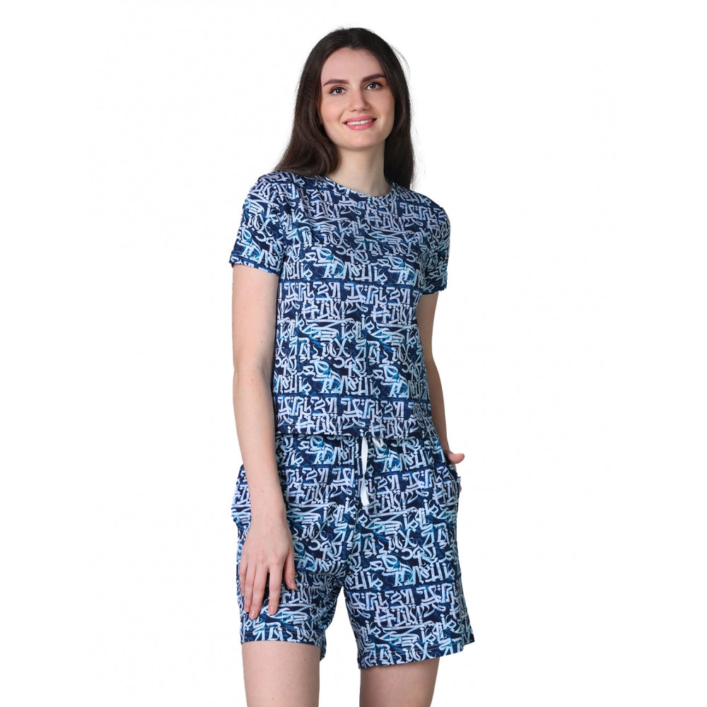 Trendy Cotton Blended Printed Round Neck Half Sleeve Top Shorts Set