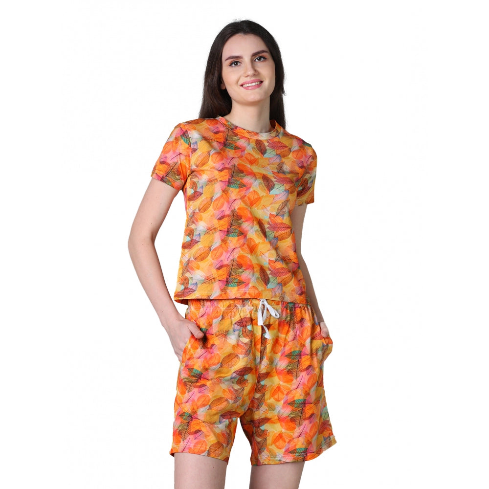Trendy Cotton Blended Printed Round Neck Half Sleeve Top Shorts Set
