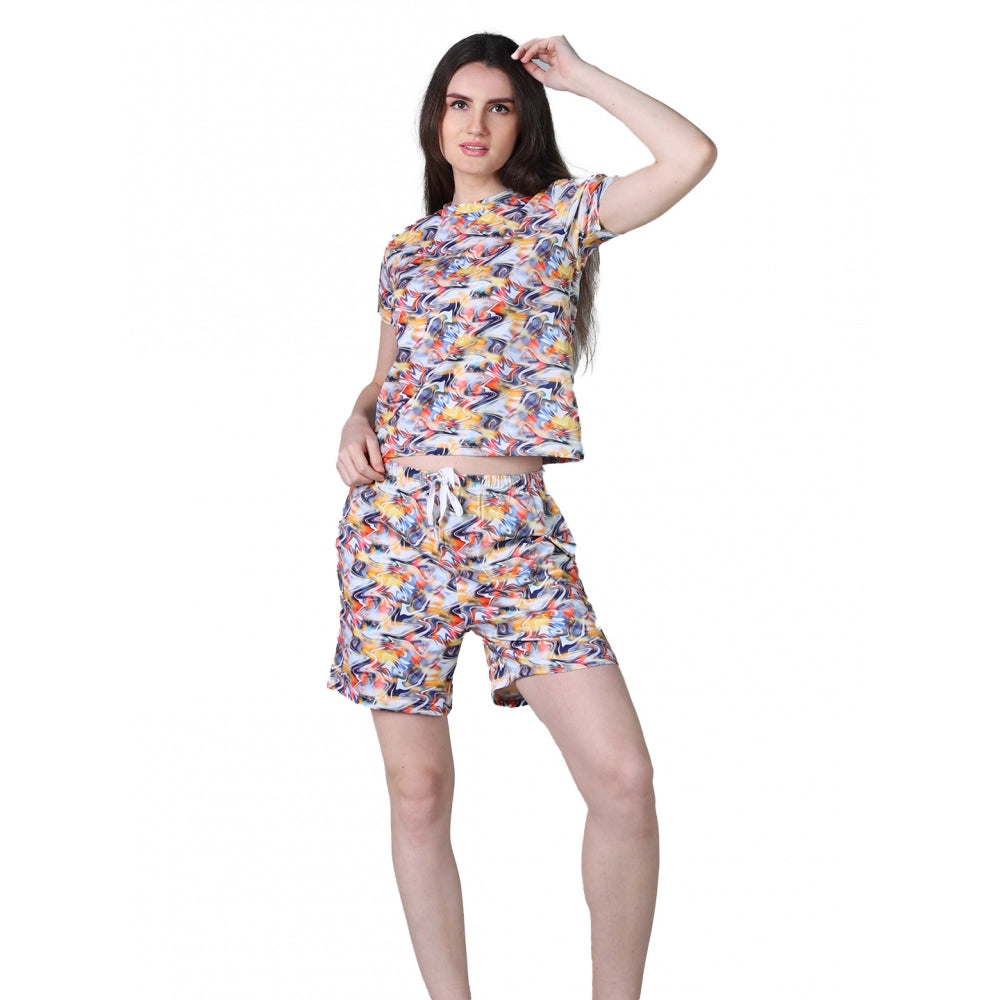 Trendy Cotton Blended Printed Round Neck Half Sleeve Top Shorts Set