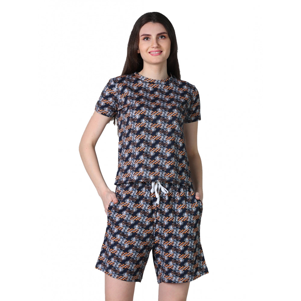 Trendy Cotton Blended Printed Round Neck Half Sleeve Top Shorts Set