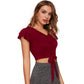 Glamorous Women's Polyester Solid Short Sleeves V Neck Top