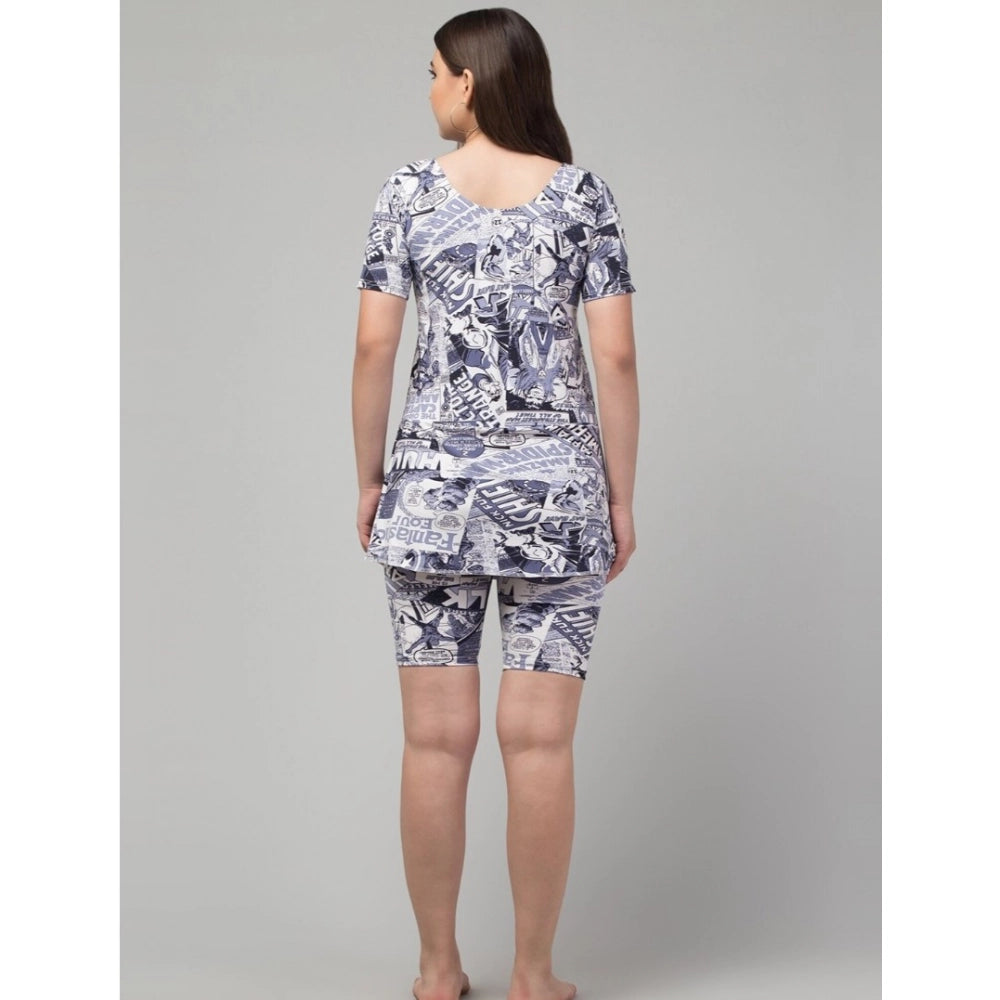 Wonderful Women's Polyester Spandex Printed Above Knee Slip On Round Neck Swimsuit Set