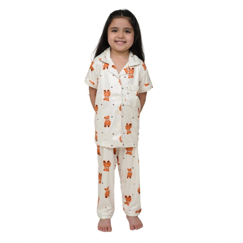 Elegant Girl's Silk Blend Printed Short Sleeve Night Suit Set