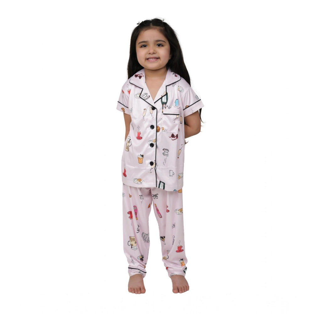 Elegant Girl's Silk Blend Printed Short Sleeve Night Suit Set