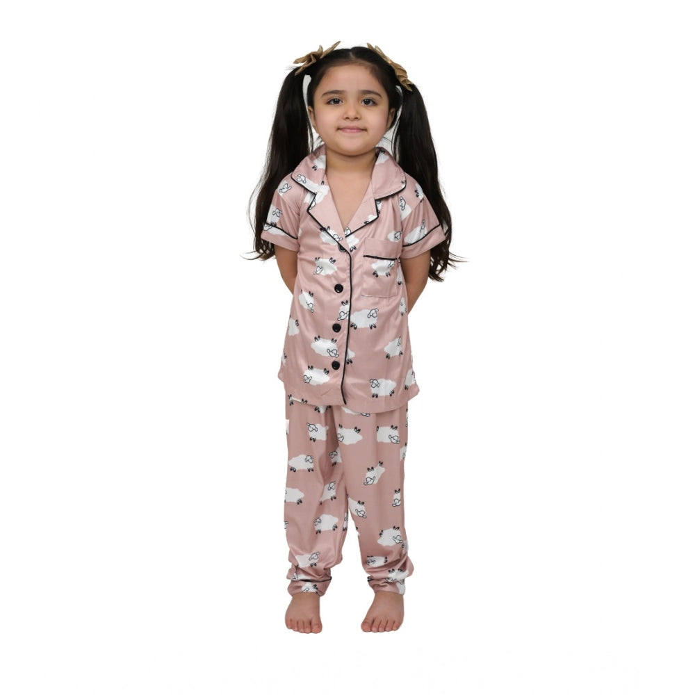 Elegant Girl's Silk Blend Printed Short Sleeve Night Suit Set