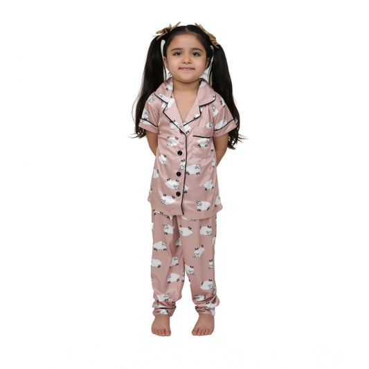 Elegant Girl's Silk Blend Printed Short Sleeve Night Suit Set