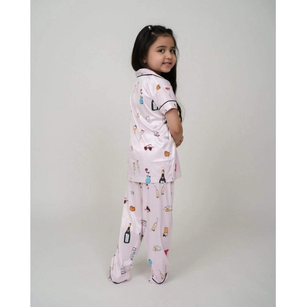 Elegant Girl's Silk Blend Printed Short Sleeve Night Suit Set