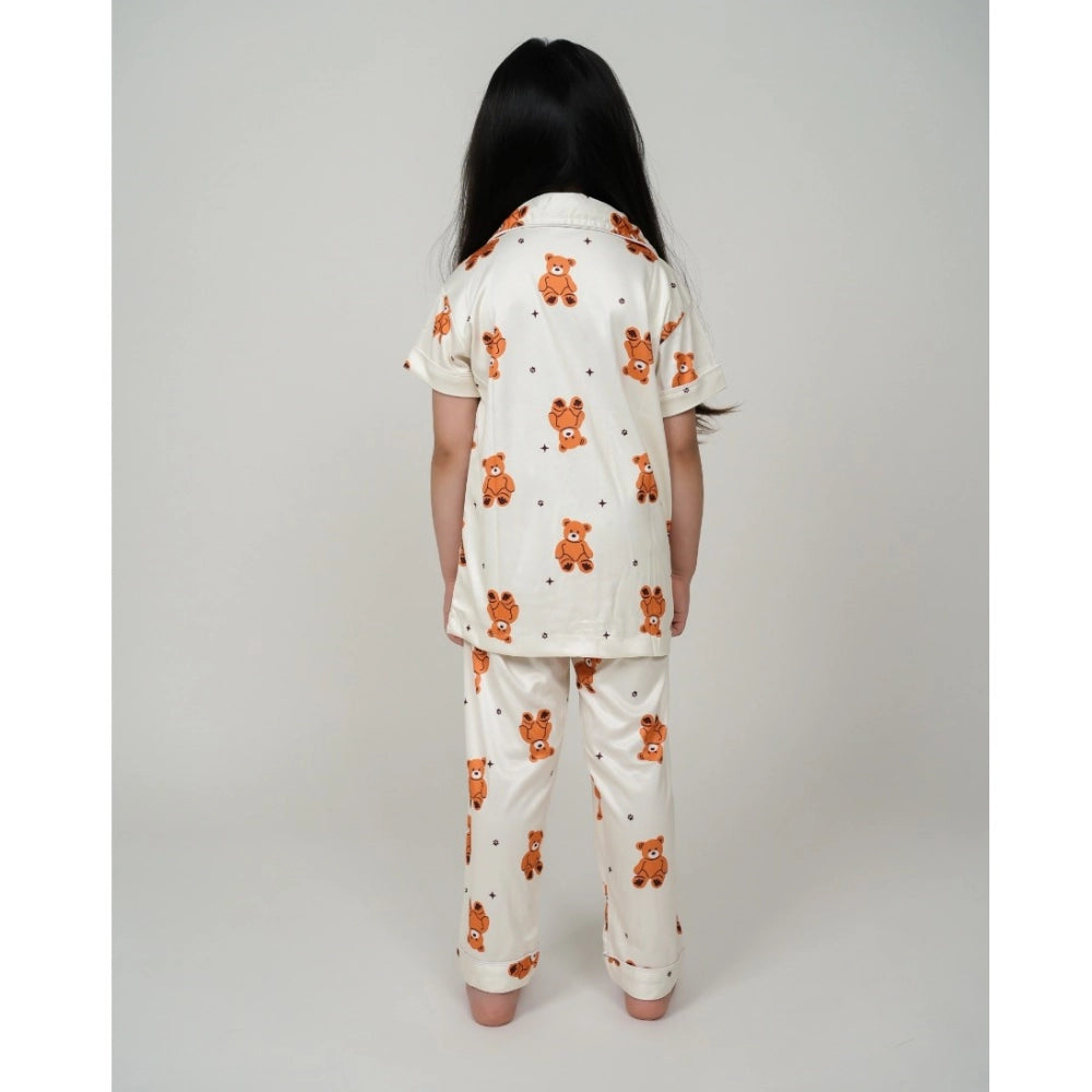 Elegant Girl's Silk Blend Printed Short Sleeve Night Suit Set