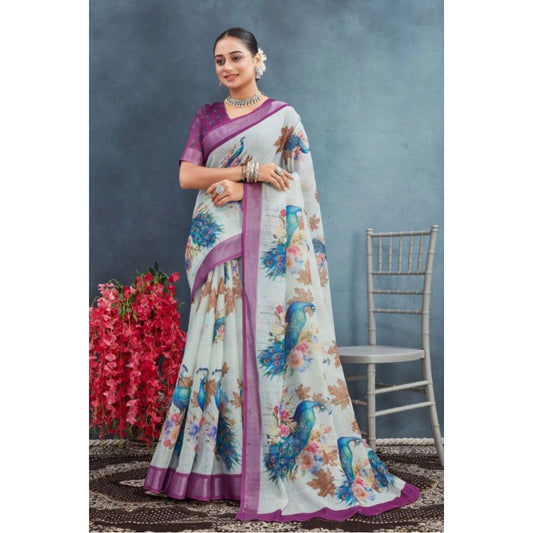 Gracious Women's Linen Floral Printed Saree With Blouse Piece