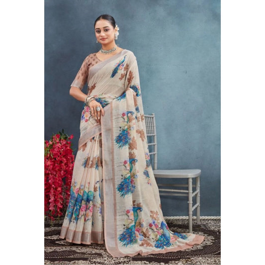 Gracious Women's Linen Floral Printed Saree With Blouse Piece