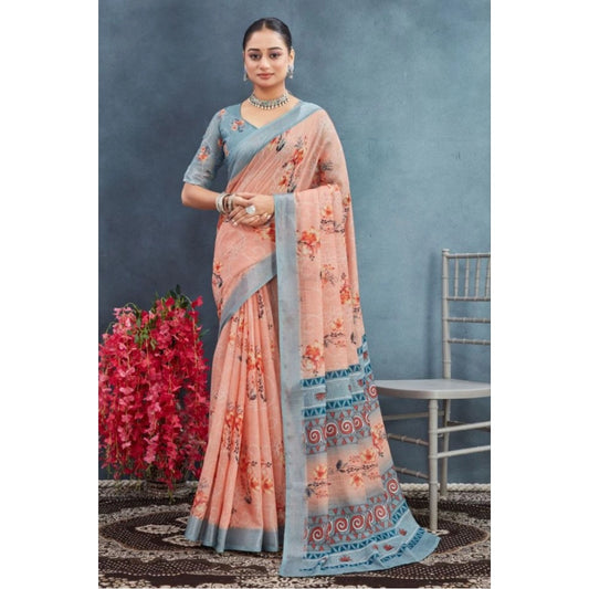 Gracious Women's Linen Floral Printed Saree With Blouse Piece