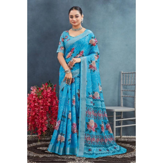 Gracious Women's Linen Floral Printed Saree With Blouse Piece