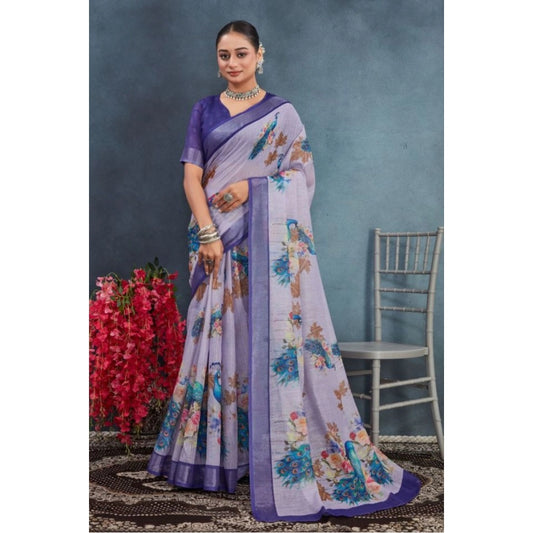 Gracious Women's Linen Floral Printed Saree With Blouse Piece