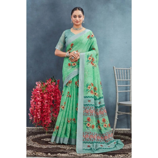 Gracious Women's Linen Floral Printed Saree With Blouse Piece