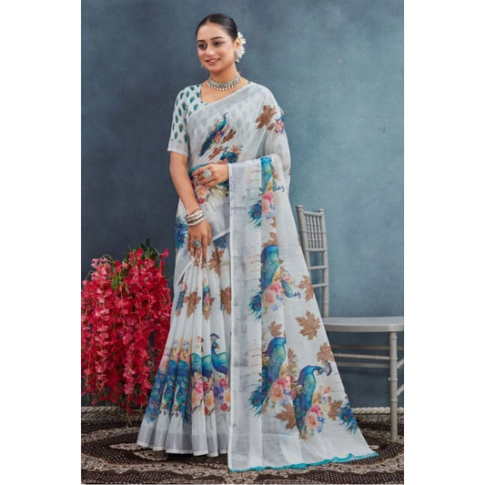 Gracious Women's Linen Floral Printed Saree With Blouse Piece