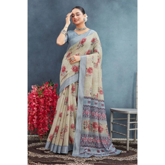 Gracious Women's Linen Floral Printed Saree With Blouse Piece