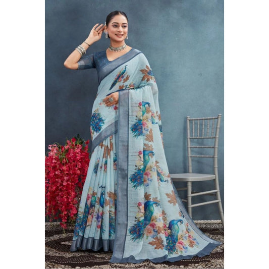 Gracious Women's Linen Floral Printed Saree With Blouse Piece
