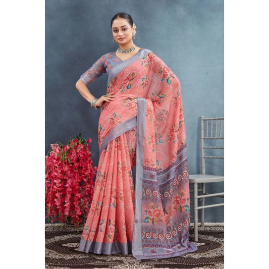 Gracious Women's Linen Floral Printed Saree With Blouse Piece