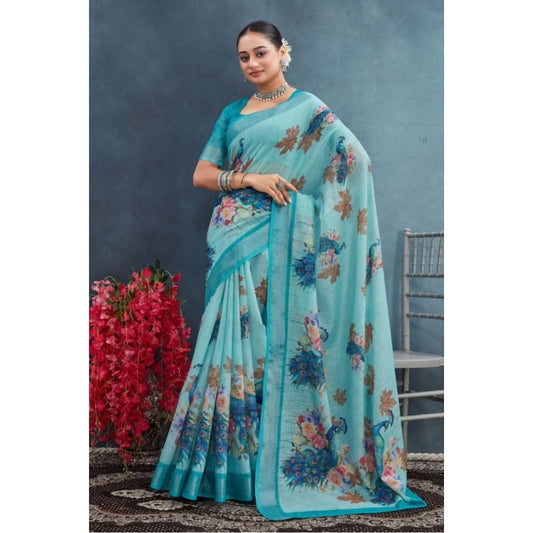 Gracious Women's Linen Floral Printed Saree With Blouse Piece