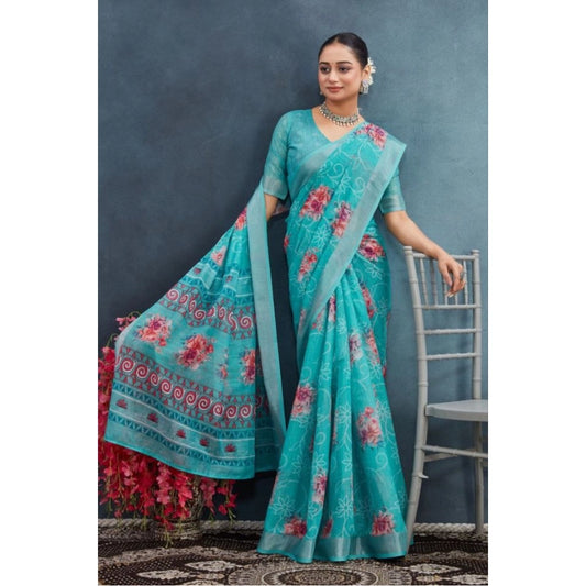 Gracious Women's Linen Floral Printed Saree With Blouse Piece
