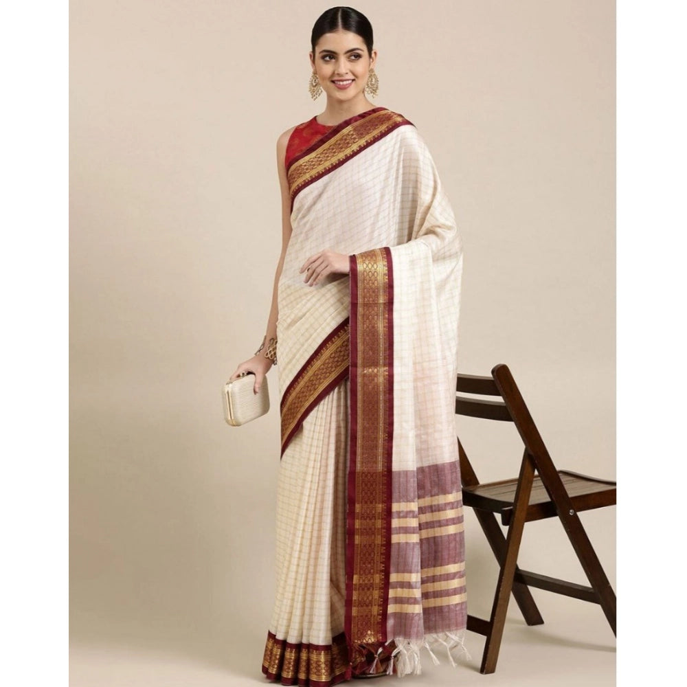 Superb Women's Cotton Silk Checkered Saree With Blouse Piece
