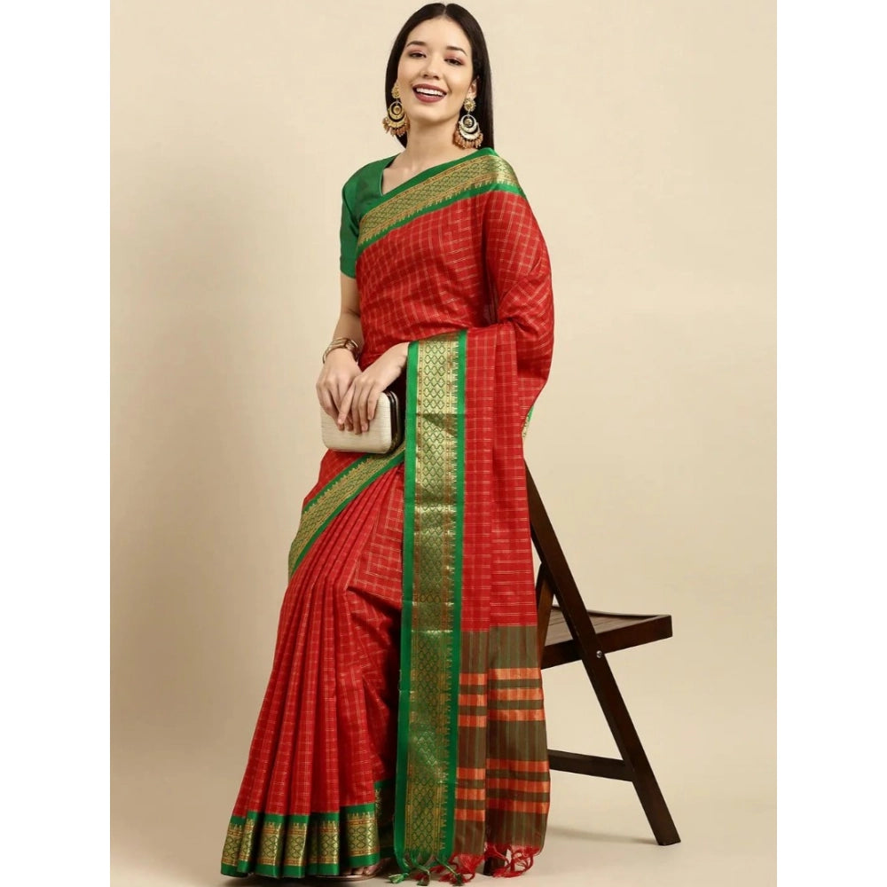 Superb Women's Cotton Silk Checkered Saree With Blouse Piece