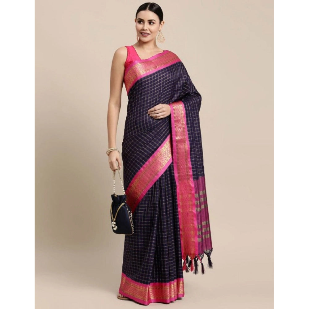 Superb Women's Cotton Silk Checkered Saree With Blouse Piece