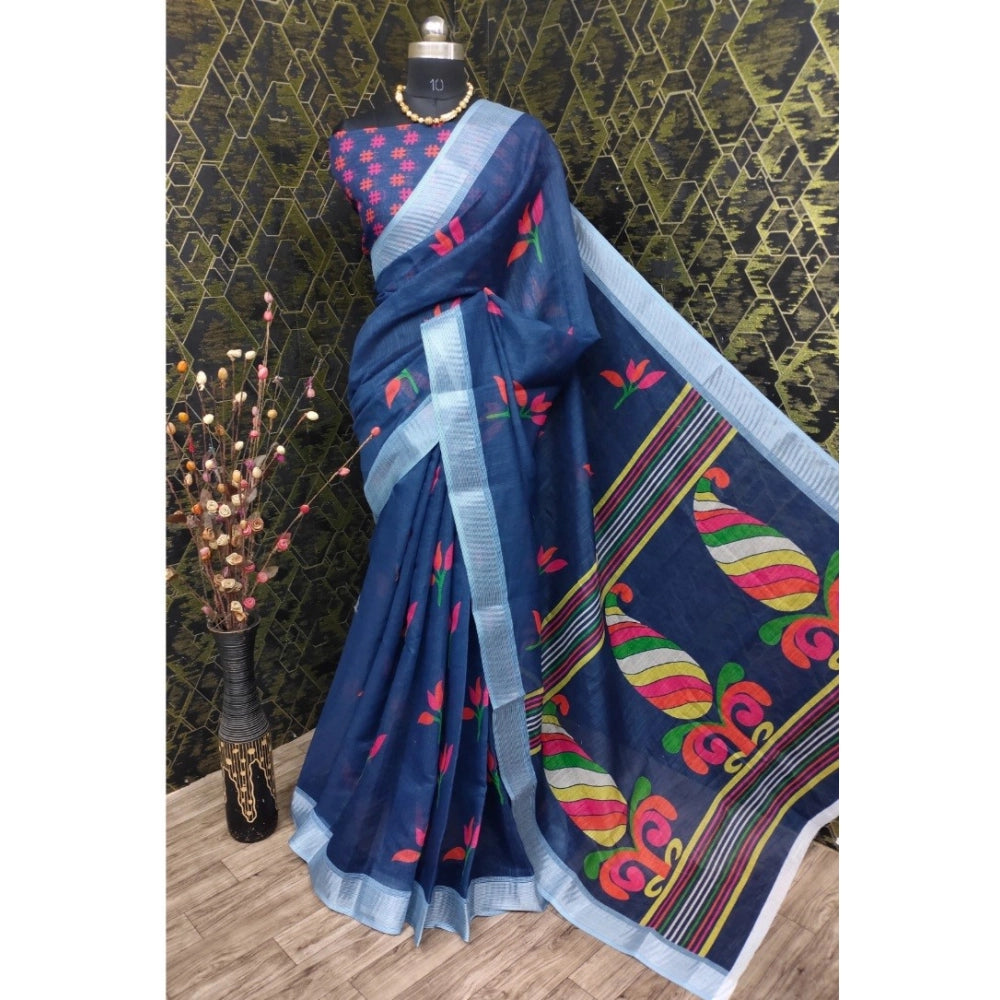 Modish Women's Cotton Linen Digital Print Saree With Blouse Piece