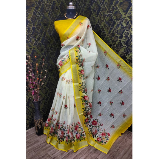 Glamorous Women's Cotton Linen Woven Design Saree With Blouse Piece