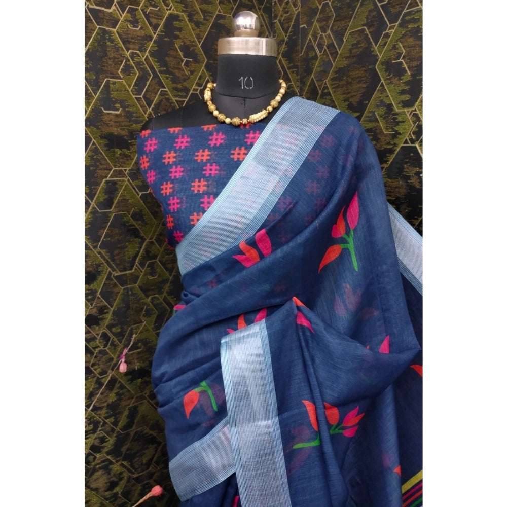 Modish Women's Cotton Linen Digital Print Saree With Blouse Piece