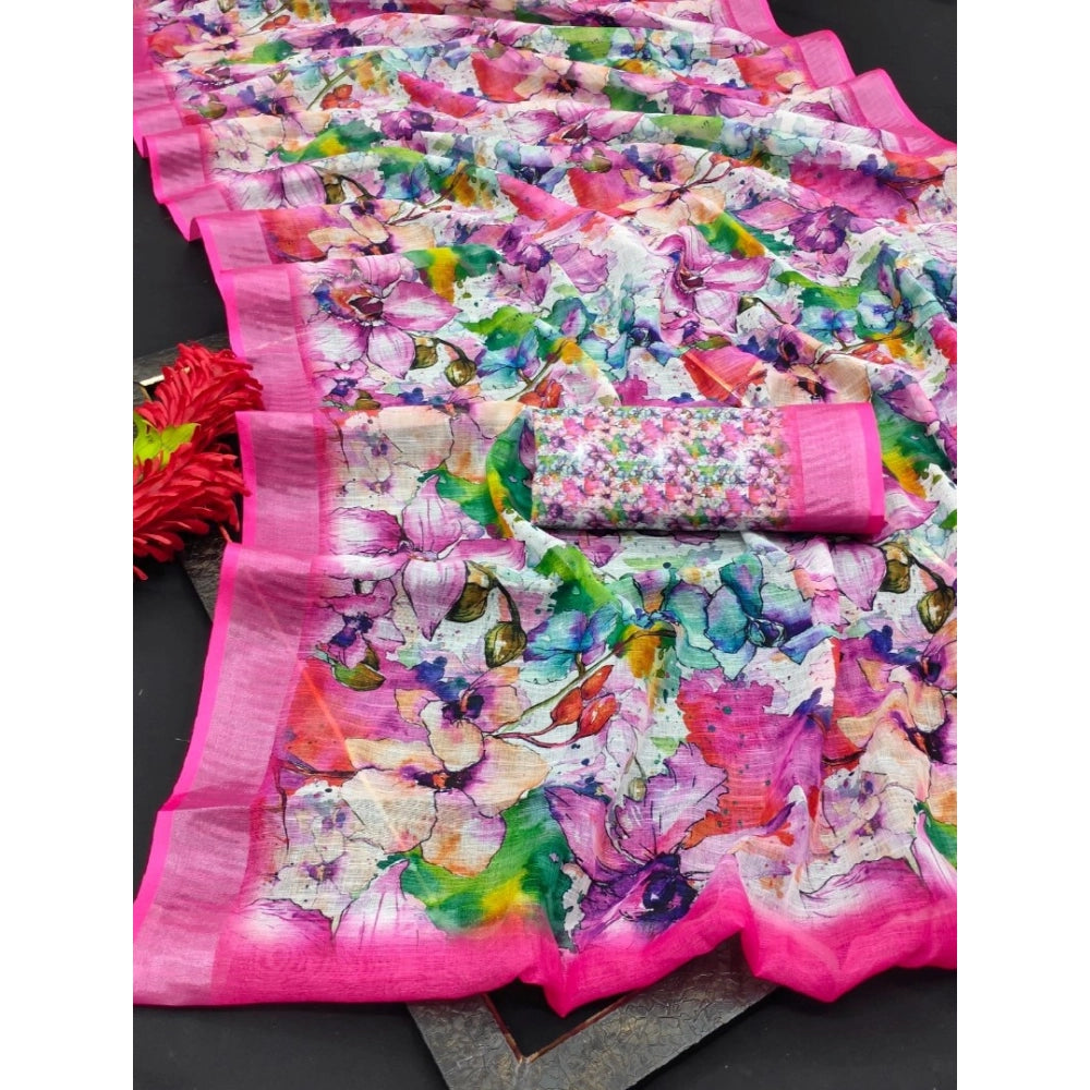 Modish Women's Cotton Linen Printed Saree With Blouse Piece