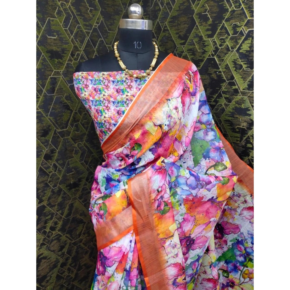 Modish Women's Cotton Linen Printed Saree With Blouse Piece