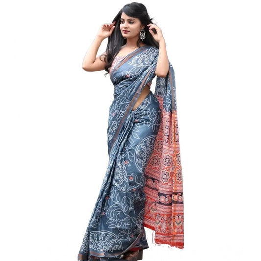 Modish Women's Cotton Linen Printed Saree With Blouse Piece