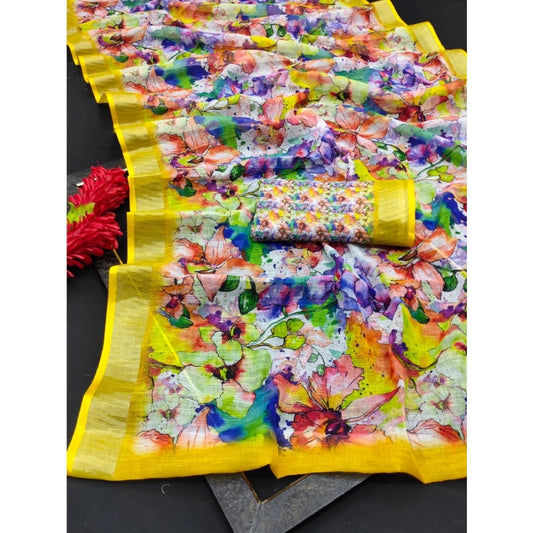 Modish Women's Cotton Linen Printed Saree With Blouse Piece