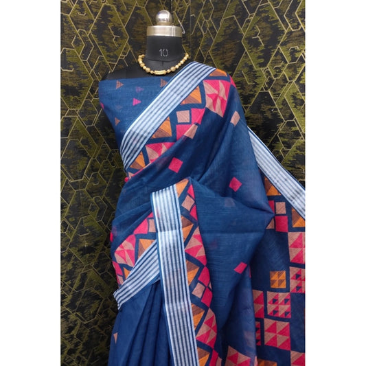 Modish Women's Cotton Linen Digital Print Saree With Blouse Piece