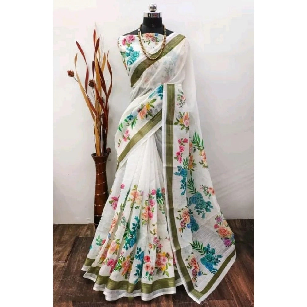 Modish Women's Cotton Linen Printed Saree With Blouse Piece