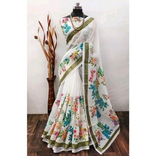 Modish Women's Cotton Linen Printed Saree With Blouse Piece