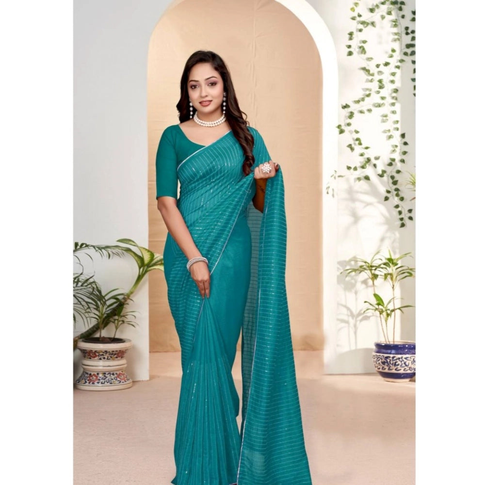 Attractive Women's Vichitra Silk Striped Saree With Blouse Piece