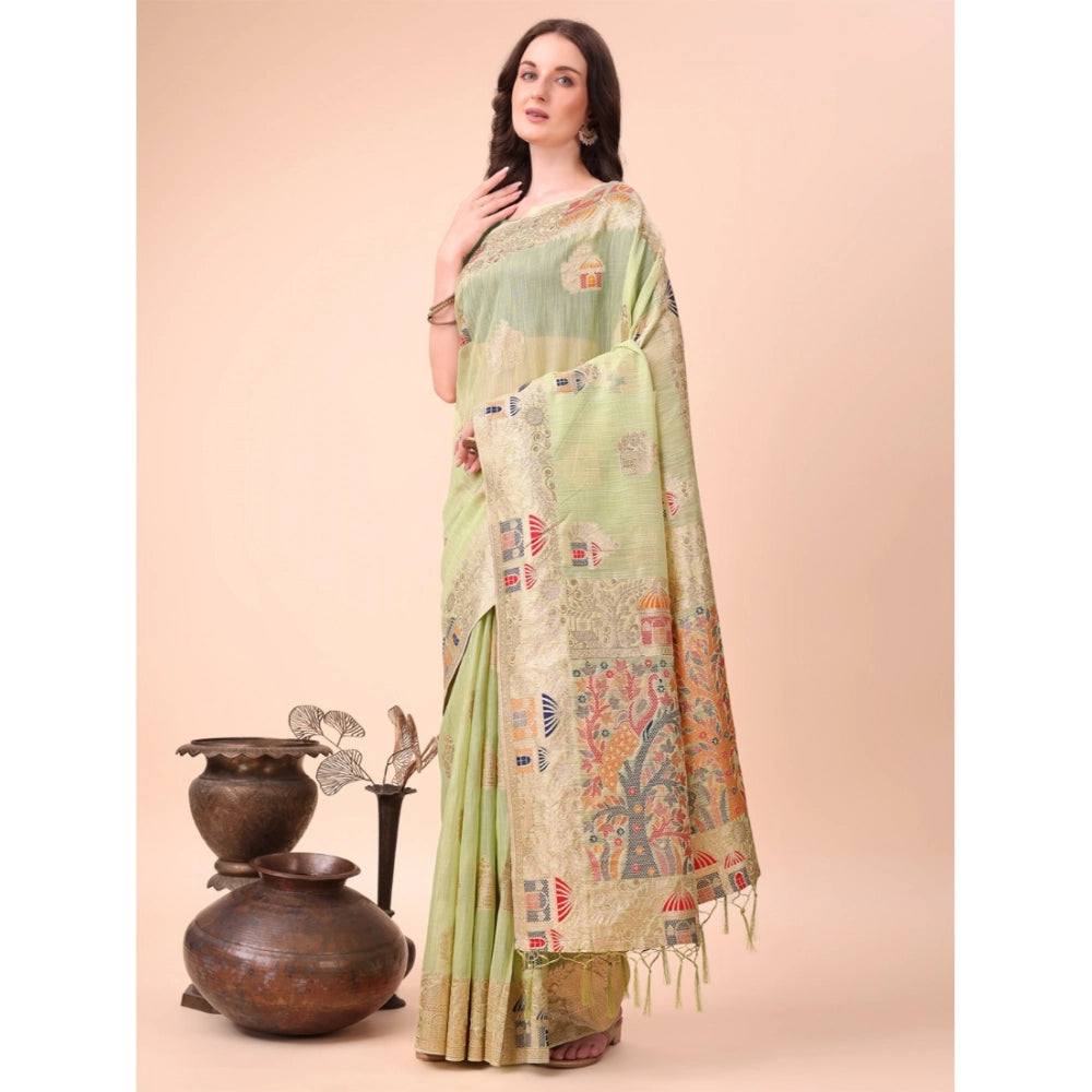 Partywear Women's Linen Cotton Printed Saree With Blouse Piece