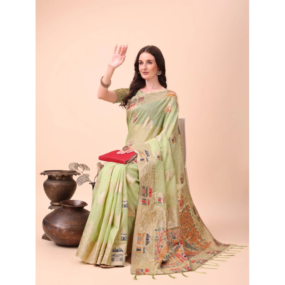 Partywear Women's Linen Cotton Printed Saree With Blouse Piece