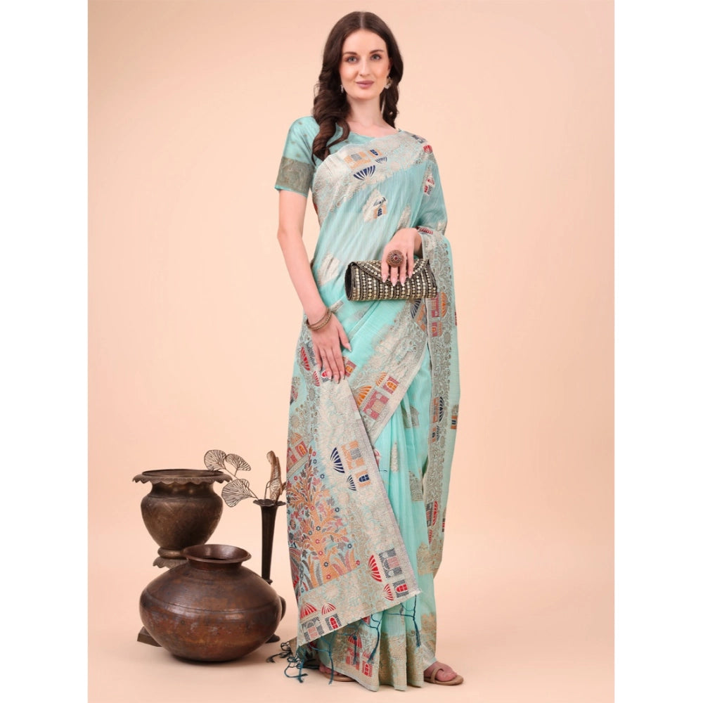 Partywear Women's Linen Cotton Printed Saree With Blouse Piece