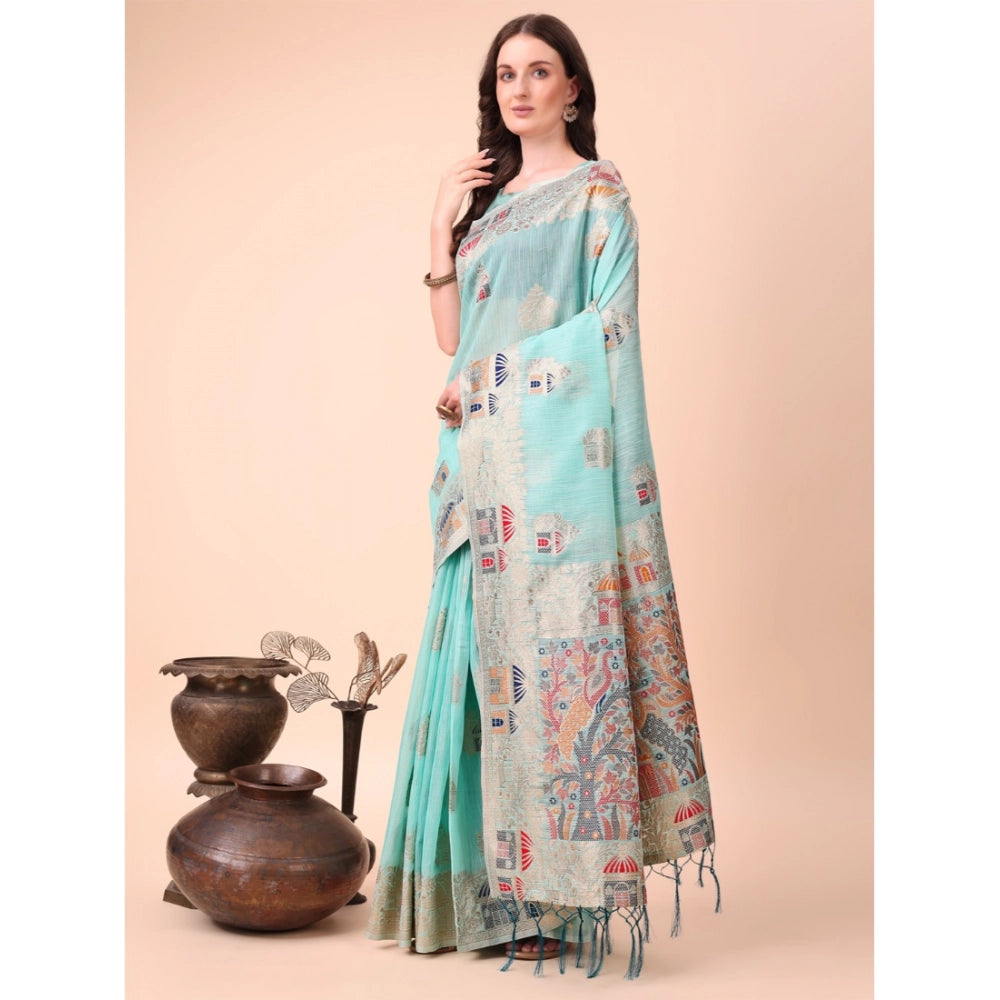 Partywear Women's Linen Cotton Printed Saree With Blouse Piece