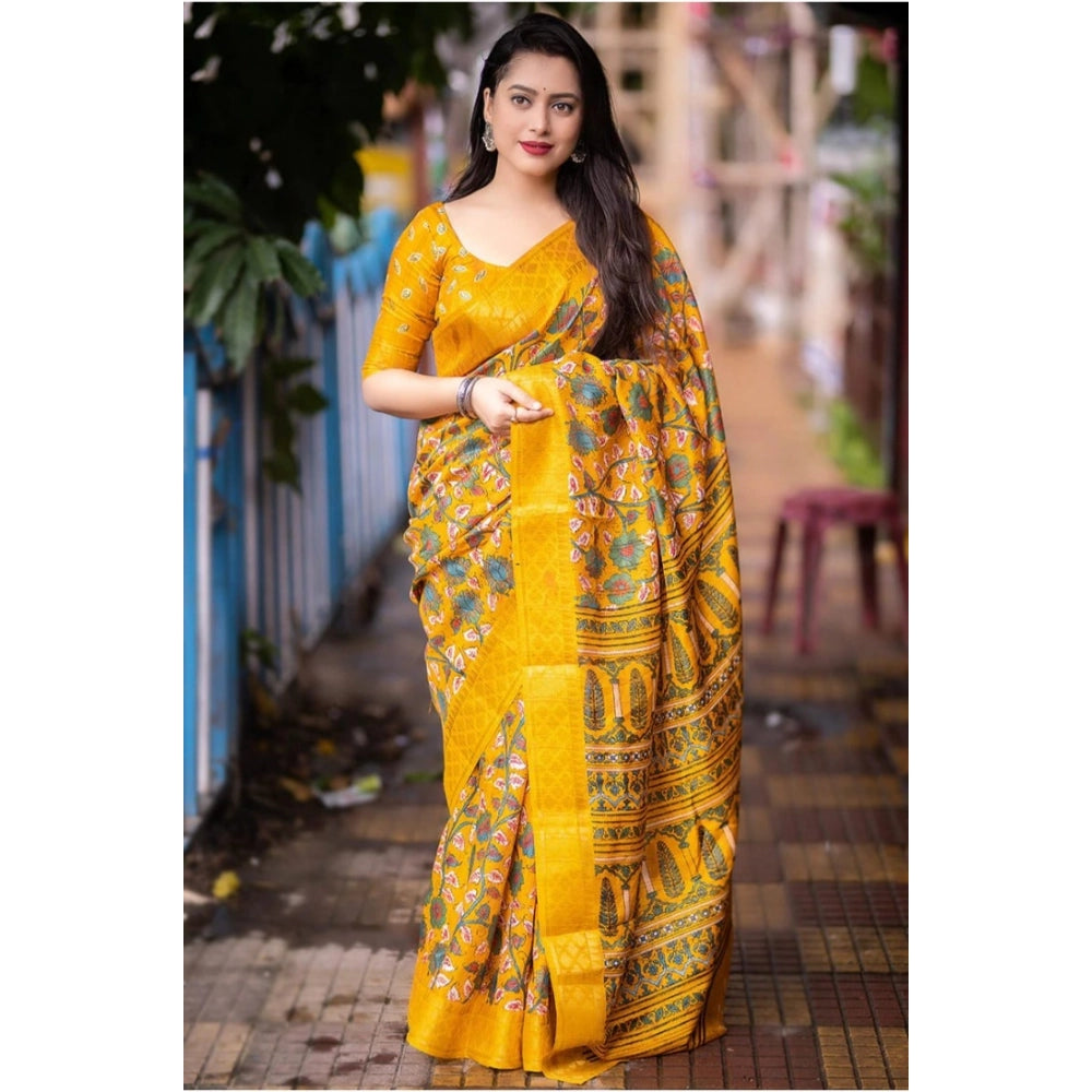 Astonishing Women's Soft Dola Cotton Kalamkari Printed Saree With Blouse Piece