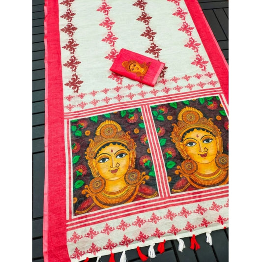 Funky Women's linen Digital Print Saree With Blouse Piece