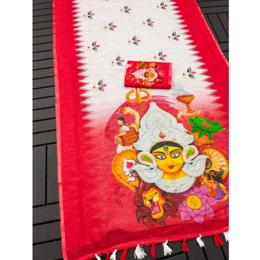 Funky Women's linen Digital Print Saree With Blouse Piece