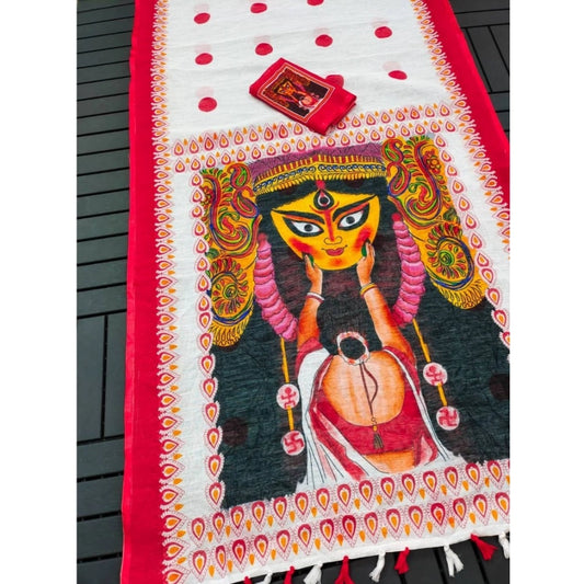 Funky Women's linen Digital Print Saree With Blouse Piece