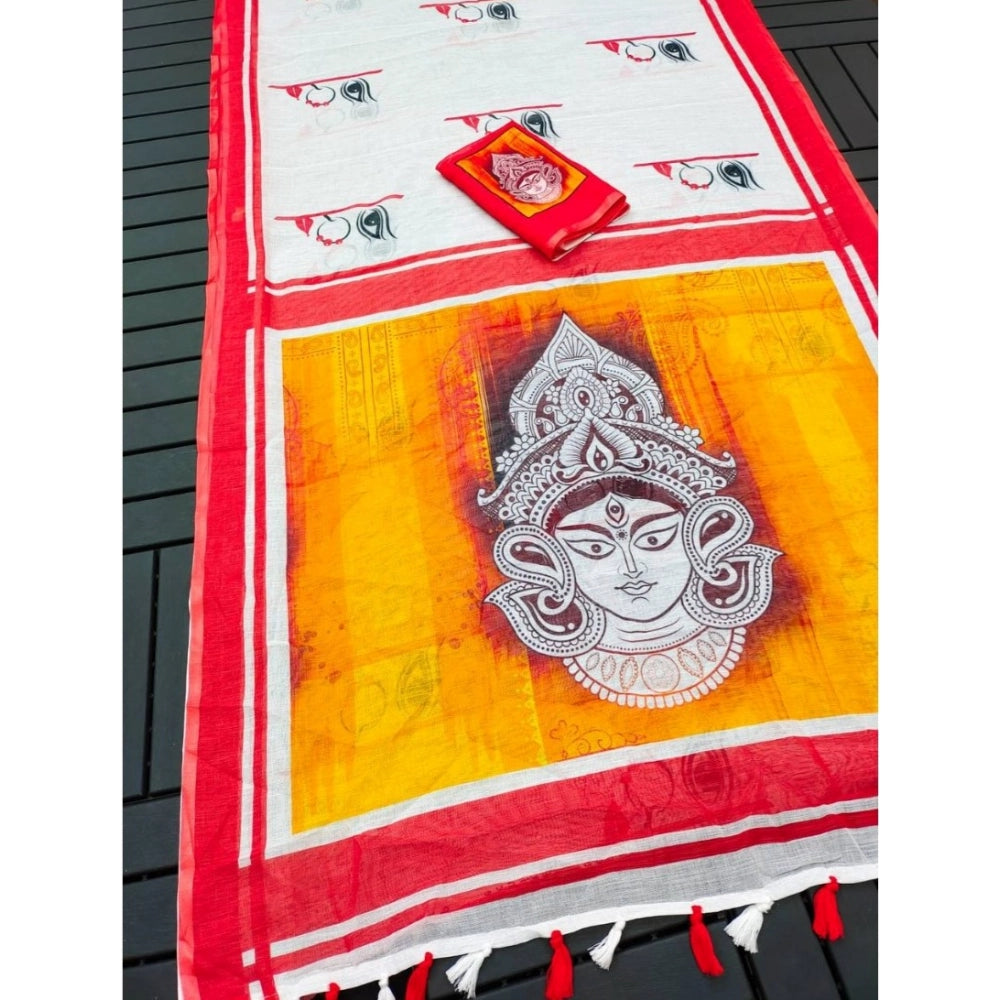 Funky Women's linen Digital Print Saree With Blouse Piece