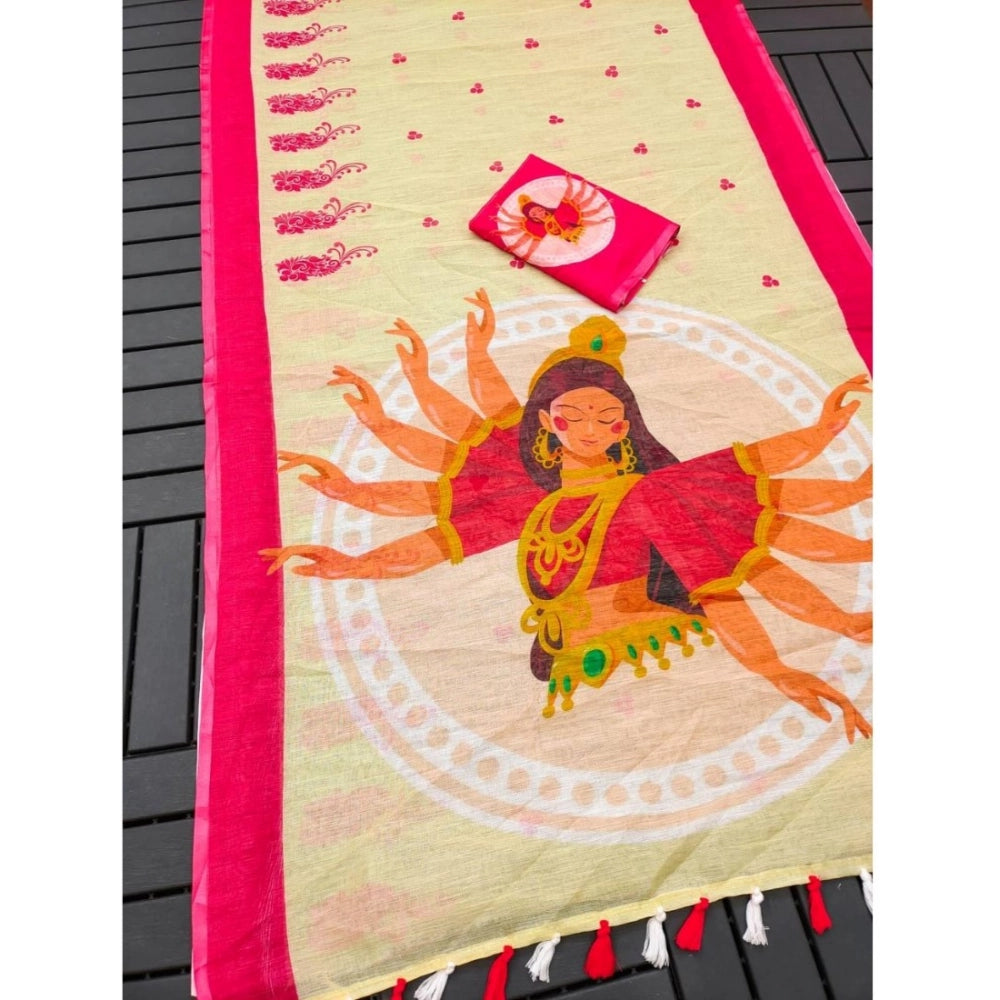 Funky Women's linen Digital Print Saree With Blouse Piece